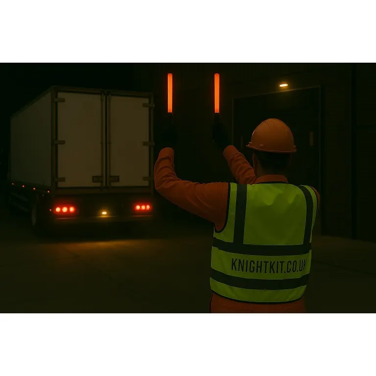 Banksman signalling a reversing vehicle at night using a pair of red LED traffic wands