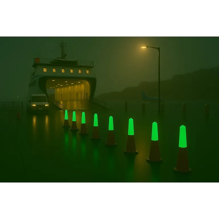 Vehicle lanes marked with illuminated barrier lights at a ferry port at night