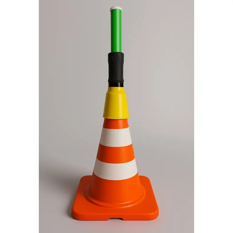 Green LED traffic wand mounted on a traffic cone