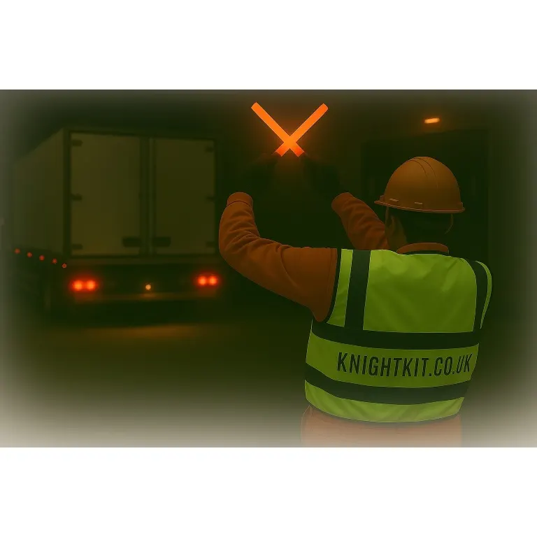 Banksman giving a stop signal to a reversing HGV using illuminated traffic wands