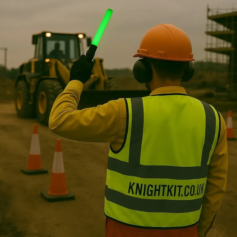 Construction banksman signalling with a green LED traffic wand