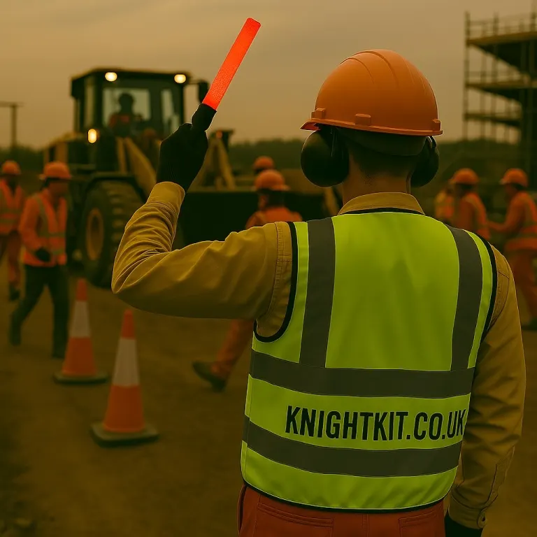 Banksman with red LED wand directing site traffic