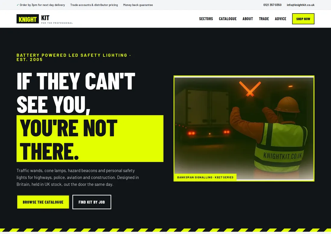 Preview of concept B, a bold hi-vis industrial homepage design