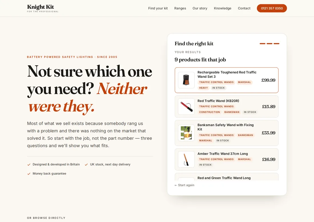 Preview of concept C, an editorial homepage with an interactive kit finder